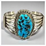 Signed "NE" Sterling Silver Turquoise Cuff Brace