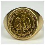14K Yellow Gold Ring w/ Mexican 2 Peso Gold Coin (