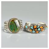 (2) Sterling Silver Turquoise & Coral Cuff Bracele