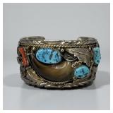Mike Thomas Bear Claw Sterling Turquoise Coral Cuf