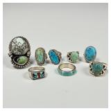 (8) Signed Native American Sterling Silver & Turqu