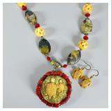 Carved Bone Turtle Pendant Necklace & Earrings