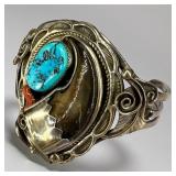 Apachito Bear Claw Turquoise & Coral Sterling Silv