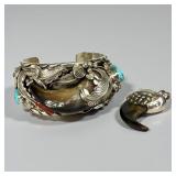 E. Etsitty Turquoise Coral & Bear Claw Cuff & Pend