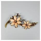 18K Gold Coral Flower Brooch With Diamond Accents