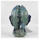 Vintage Blue Ceramic Triple Koi Fish Vase