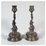 Pair of German 800 Silver Dolphin & Cherub Candles