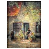 Antique Cottage Garden Scene Oil On Canvas