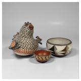 Zuni Polychrome Pottery Bird & 2 Bowls