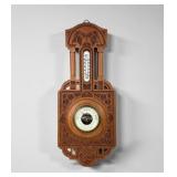 Antique Carved Wood Wall Barometer & Thermometer