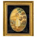 Antique Embroidery Of Young Girl With Basket