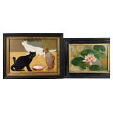 (2pc) Pietra Dura Inlaid Plaque Cats & Waterlily