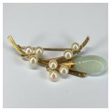 14k Gold Pearl & Jade Brooch