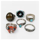 (6) Navajo Silver & Precious Stone Rings