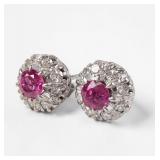 Platinum, Ruby, & Diamond Halo Earrings