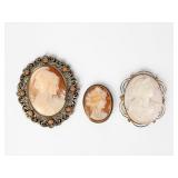 (3) Antique Cameo Pins (2) Gold & (1) .800 Silver