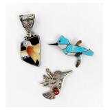 (3) Navajo Silver & Semi-Precious Stone Bird...