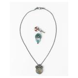 (3) Navajo Silver & Semi-Precious Stone Flower...