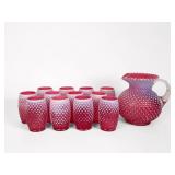 Pink Fenton Glass Pitcher Hobnail Set