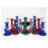 (13) "Dolphin" Glass Candlesticks & (1) Bowl