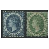 St Lucia 1860 #2 4d blue and #3 6d green lightly u