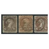Canada 1868 6c brown shades F to VF, 3 examples ,