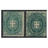 Italy 1889 #52, two MH 5c dark green (with shades)