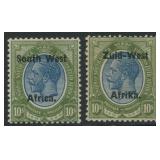 South West Africa 1923 #14a #14b, a MH 10/- green