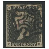 Great Britain 1840 #1, a 1d black (CB) plate 10, c