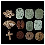 12-Piece Chinese Carved Jade-Type Hardstone Pendan