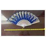 Hand Fan - Plastic Handle w/ Blue and Gold Fabric