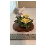 Porcelain Bird and Yellow Roses on Wood Base