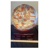 Vtg. Japanese Satsuma-style Samurai Plate & Easel