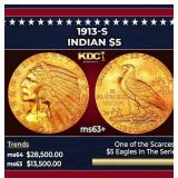 1913-s Gold Indian Half Eagle $5 ms63+ USCG