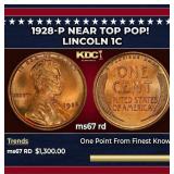 1928-p Lincoln Cent Near Top Pop! 1c ms67 rd SEGS