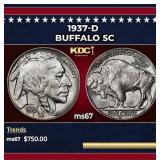 1937-d Buffalo Nickel 5c ms67 SEGS