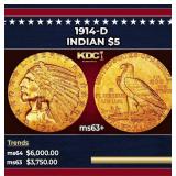 1914-d Gold Indian Half Eagle $5 ms63+ USCG