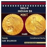1913-p Gold Indian Half Eagle $5 ms65 USCG