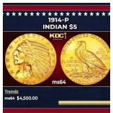 1914-p Gold Indian Half Eagle $5 ms64 USCG