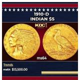 1910-d Gold Indian Half Eagle $5 ms64 USCG