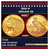 1910-p Gold Indian Half Eagle $5 ms64+ USCG