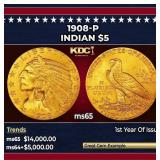 1908-p Gold Indian Half Eagle $5 ms65 USCG