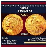 1913-s Gold Indian Half Eagle $5 ms63+ USCG
