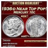 1936-d Mercury Dime Near Top Pop! 10c ms67+ fsb SE