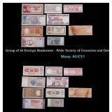 Group of 10 Foreign Banknotes - Wide Variety of Co