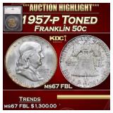 1957-p Franklin Half Dollar Toned 50c ms67 FBL SEG