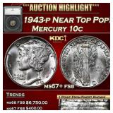 1943-p Mercury Dime Near Top Pop! 10c ms67+ fsb SE