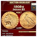 1908-s Gold Indian Half Eagle $5 au58+ SEGS