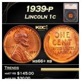 1939-p Lincoln Cent 1c ms66+ rb SEGS