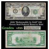 1928 $20 Green Seal Federal Reserve Note "Redeemab